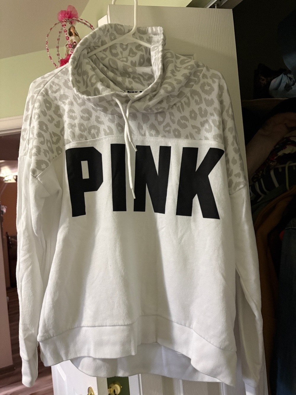 PINK Victoria's Secret White Cowl Neck Pullover with Gray Leopard Yoke